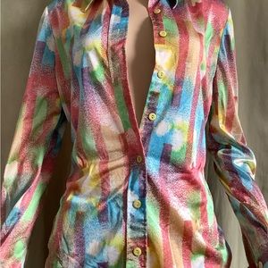 Vintage 1970s Bar Harbor funky button down blouse multicolored nylon size medium